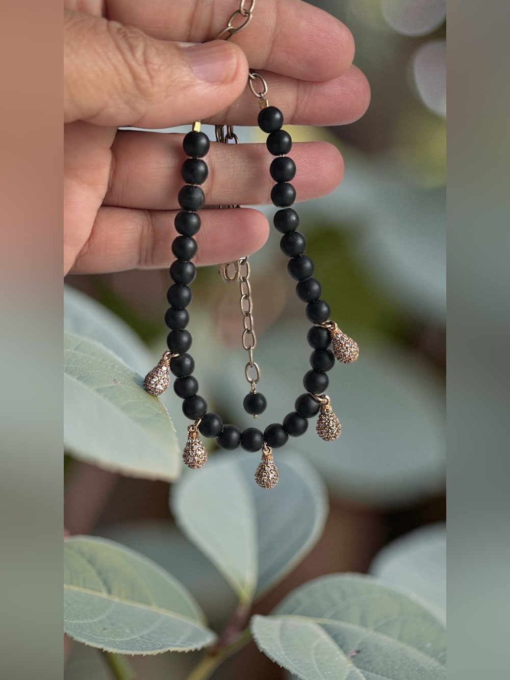 Black Beaded Necklace with Gold Over Sterling Crystal Pave Teardrop Charms